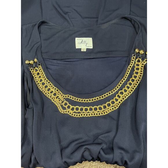 Milly Navy Gold Tone Knit Layered Chain Embellished Scoop Neck Sheath Dress Lg - Picture 11 of 13